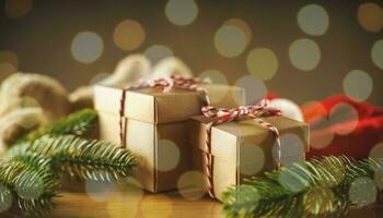 scatola regalo di natale o capodanno con rami di albero e decorazioni natalizie su tavola di legno, luci scintillanti di festa sullo sfondo del bokeh. foto