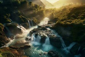 Visualizza di il bellezza di il cascata e Alba nel il mattina a partire dal sopra. generativo ai foto