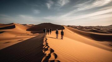 i viaggiatori nel il deserto contro il fondale di dune, tende e tramonto. ai generato. foto