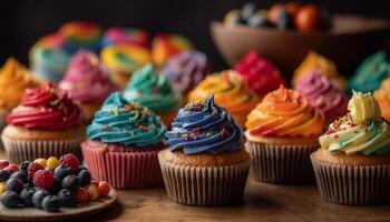 carino Fata cuoce fatti in casa mirtillo muffin con rosa glassatura decorazione generato di ai foto