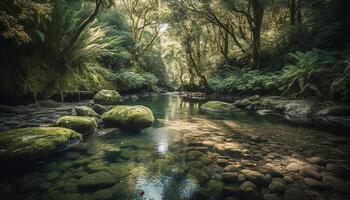 tranquillo scena di un' tropicale foresta pluviale con fluente acqua e felce crescita generato di ai foto