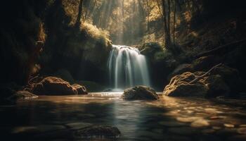 tranquillo scena di fluente acqua nel maestoso tropicale foresta pluviale generato di ai foto