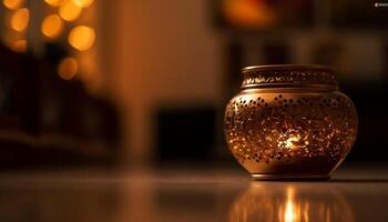 un vecchio stile candela si illumina il elegante ceramica vaso in casa generato di ai foto