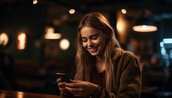 uno giovane donna, sorridente e Tenere un' inteligente Telefono in casa generato di ai foto