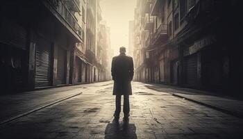 un' solitario uomo d'affari a piedi attraverso il città, perso nel pensato generato di ai foto