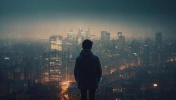 uno uomo d'affari in piedi all'aperto, guardare a Pechino illuminato paesaggio urbano generato di ai foto