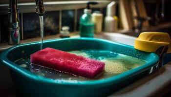 freschezza e igiene nel il cucina con lavastoviglie liquido attrezzatura generato di ai foto