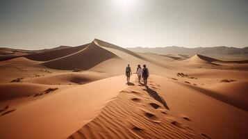 i viaggiatori nel il deserto contro il fondale di dune, tende e tramonto. ai generato. foto