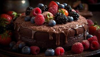 indulgente fatti in casa bacca torta di formaggio con fresco lampone e mirtillo decorazione generato di ai foto