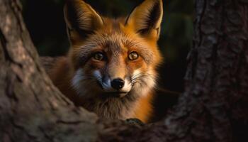 rosso Volpe, un' carino mammifero, guardare a telecamera nel natura selvaggia generato di ai foto