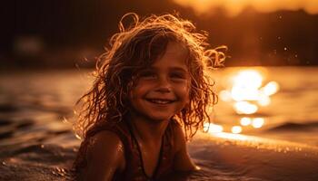 un' spensierato ragazza godendo il bellezza di natura a tramonto generato di ai foto