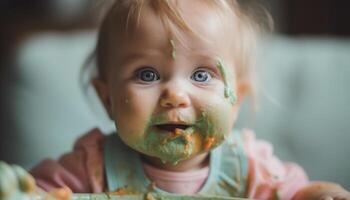 un' allegro bambino piccolo godendo disordinato pasto, sorridente con gioia generato di ai foto
