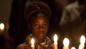 africano bambino sorridente, Tenere candela, festeggiare Natale con famiglia in casa generato di ai foto