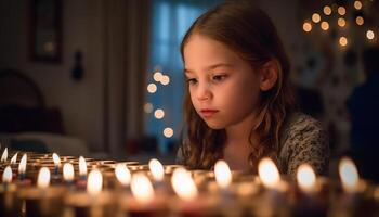 uno carino bambino sorridente, circondato di raggiante Natale decorazioni generato di ai foto