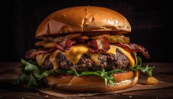 grigliato buongustaio hamburger al formaggio con succoso carne, fresco verdure, e patatine fritte generato di ai foto