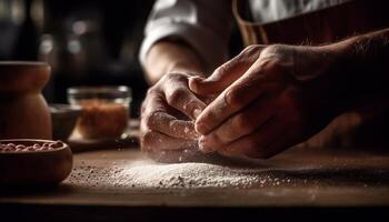 capocuoco mano impasto fatti in casa Impasto su rustico di legno tavolo generato di ai foto