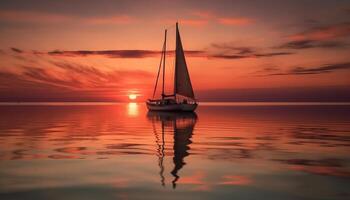 un' tranquillo scena di un' barca a vela a tramonto su acqua generato di ai foto