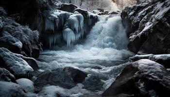 tranquillo scena maestoso montagna, fluente acqua, congelato calcolo, sfocato movimento generato di ai foto