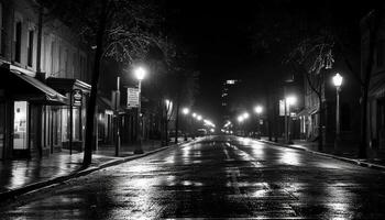 il illuminato città strada svanisce in il buio notte generato di ai foto