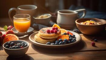 fresco bacca Pancakes con fatti in casa sciroppo e caffè su legna tavolo generato di ai foto