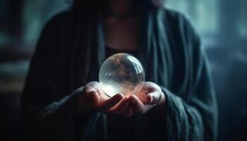 un' raggiante cristallo palla tenuto di un' giovane donna si illumina Futures generato di ai foto