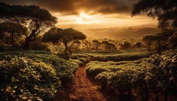 un' tranquillo scena di un' tramonto al di sopra di un' rurale azienda agricola generato di ai foto