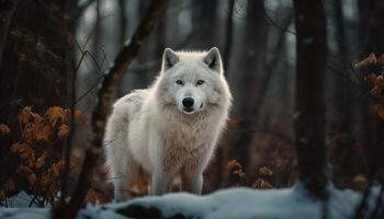 un' carino Samoiedo cucciolo a piedi nel il inverno foresta generato di ai foto