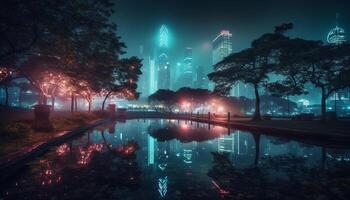moderno grattacieli illuminare città orizzonte a crepuscolo, riflettendo nel acqua generato di ai foto
