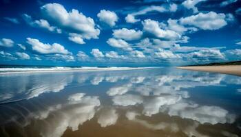 tranquillo paesaggio marino blu acqua, sabbioso costa, riflettendo cielo e nuvole generato di ai foto