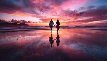 Due sagome abbraccio, riflettendo amore e solidarieta a tramonto generato di ai foto