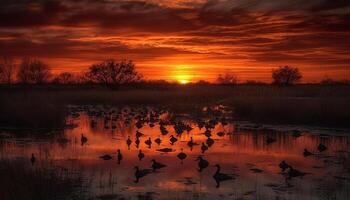 silhouette di animali nel il selvaggio contro vivace tramonto cielo generato di ai foto