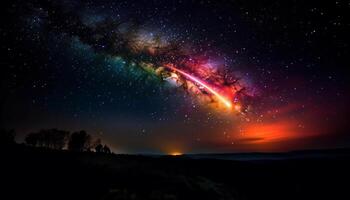 notte cielo esplode con raggiante stella pista nel latteo modo galassia generato di ai foto