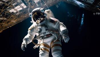 il futuristico astronauta nel il suo spazio completo da uomo si fermò con determinazione armato generato di ai foto