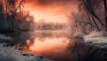 un' tranquillo inverno scena neve coperto alberi riflessa nel ghiacciato acqua generato di ai foto