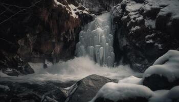 congelato bellezza nel natura maestoso montagna gamma, fluente acqua, ghiacciato rocce generato di ai foto