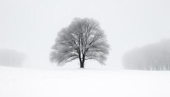 tranquillo inverno paesaggio neve coperto alberi, nebbia, e gelido prato generato di ai foto