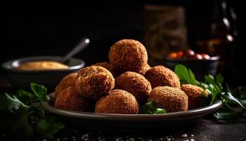 appena cucinato polpetta aperitivo con fatti in casa Falafel e coriandolo salsa generato di ai foto