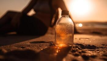 uno persona seduta su sabbia, potabile acqua, godendo tramonto generato di ai foto