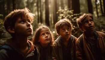un' gruppo di allegro bambini giocando all'aperto nel il foresta generato di ai foto
