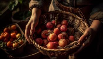 azienda agricola lavoratore Tenere di vimini cestino di fresco biologico verdure all'aperto generato di ai foto