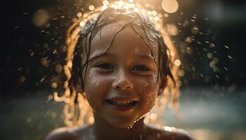 spensierato bambini giocando nel il piovere, puro innocenza e gioia generato di ai foto