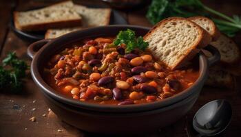 fresco fatti in casa vegetariano stufato con biologico fagioli e la verdura, pronto per mangiare generato di ai foto