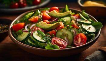 fresco buongustaio insalata con biologico la verdura, maturo ciliegia pomodori, e Mozzarella generato di ai foto