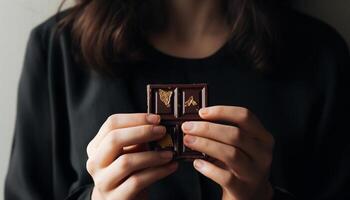 vicino su di mano Tenere buio cioccolato, godendo dolce rinfresco generato di ai foto