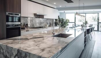 moderno lusso cucina design con marmo isola, inossidabile acciaio elettrodomestici generato di ai foto