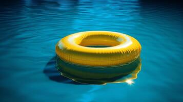 giallo squillare galleggiante su blu acqua piscina ai generato foto