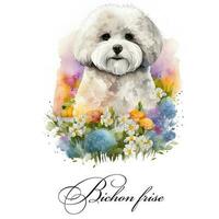 acquerello illustrazione di un' singolo cane razza bichon frise con fiori. ai generato. cane ritratto. foto