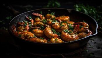 grigliato frutti di mare piatto gamberi, scampi, e pesce con verdure generato di ai foto