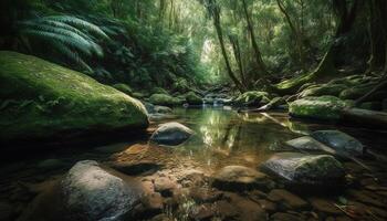 un' tranquillo scena di un' tropicale foresta pluviale con fluente acqua generato di ai foto