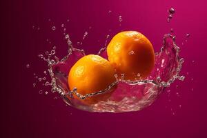 un' coppie di arancia far cadere con spruzzo acqua ai generativo foto